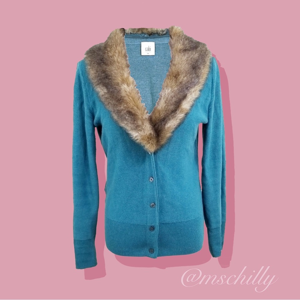 Cabi Tearoom Cardigan Teal Blue Green Fur V-Neck Long Sleeve 3018 Sz M - Picture 1 of 8
